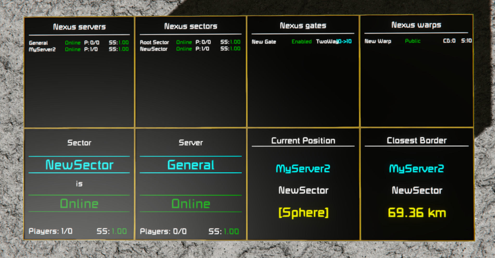 All Nexus Status LCD displays showing sectors, servers, gates, warps, and other network information